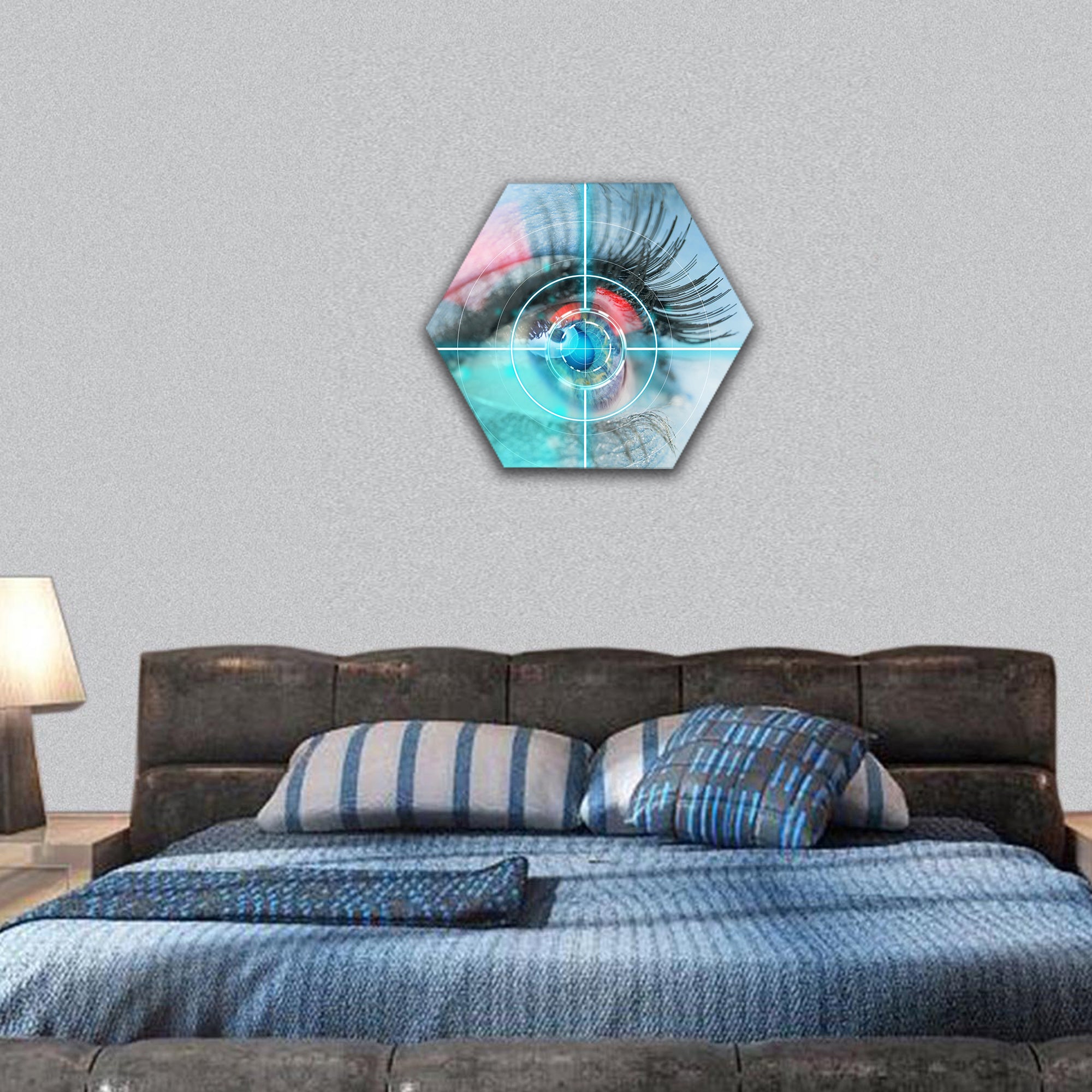 Woman eye scan interface, close-up hexagonal canvas wall art