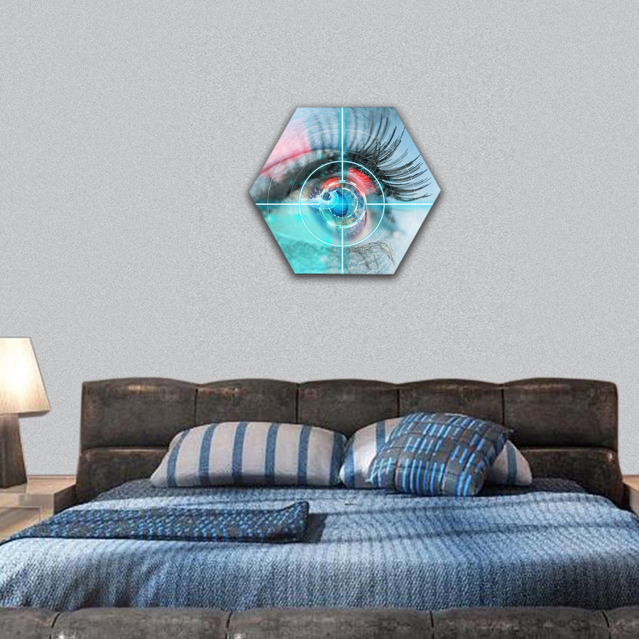 Woman eye scan interface, close-up hexagonal canvas wall art