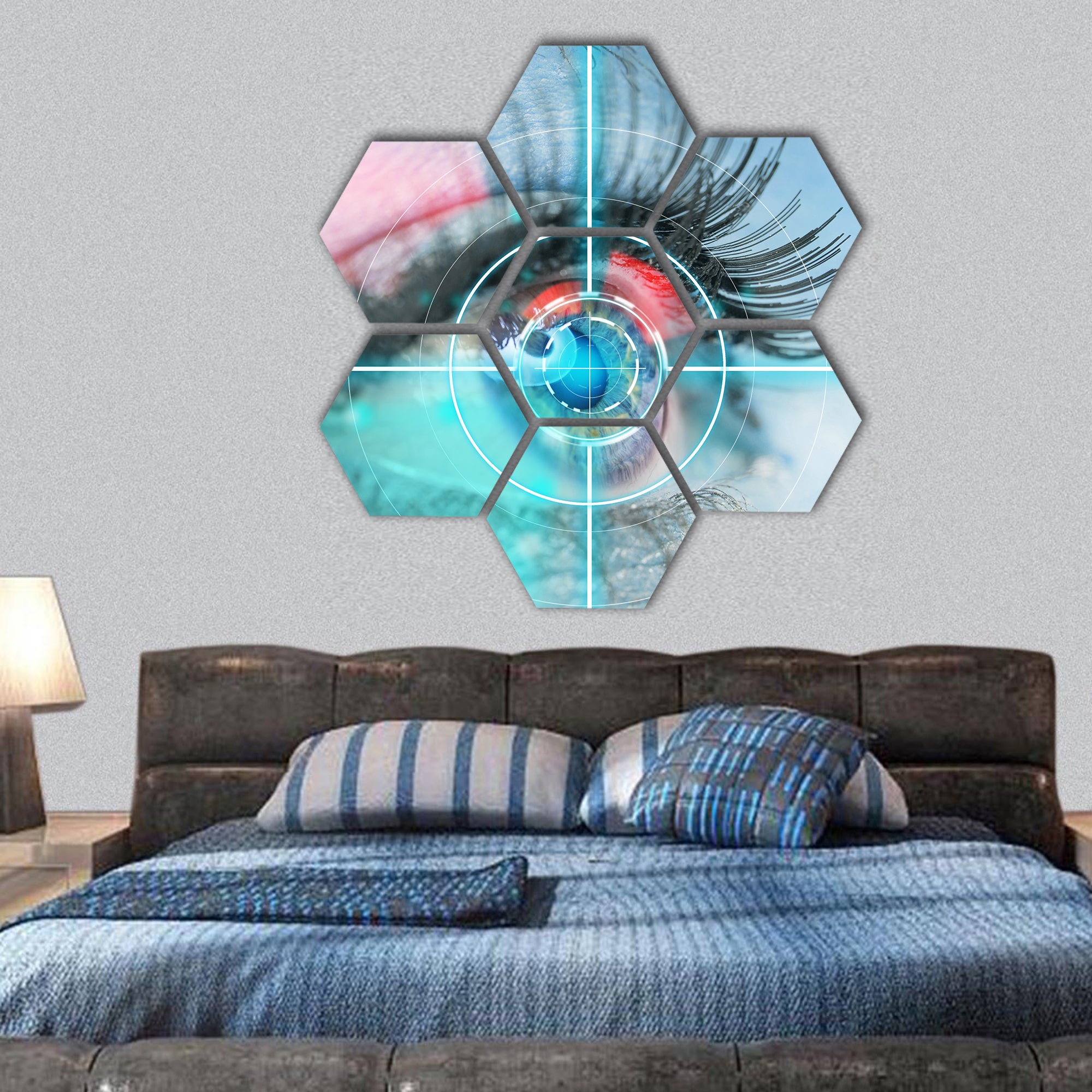 Woman eye scan interface, close-up hexagonal canvas wall art