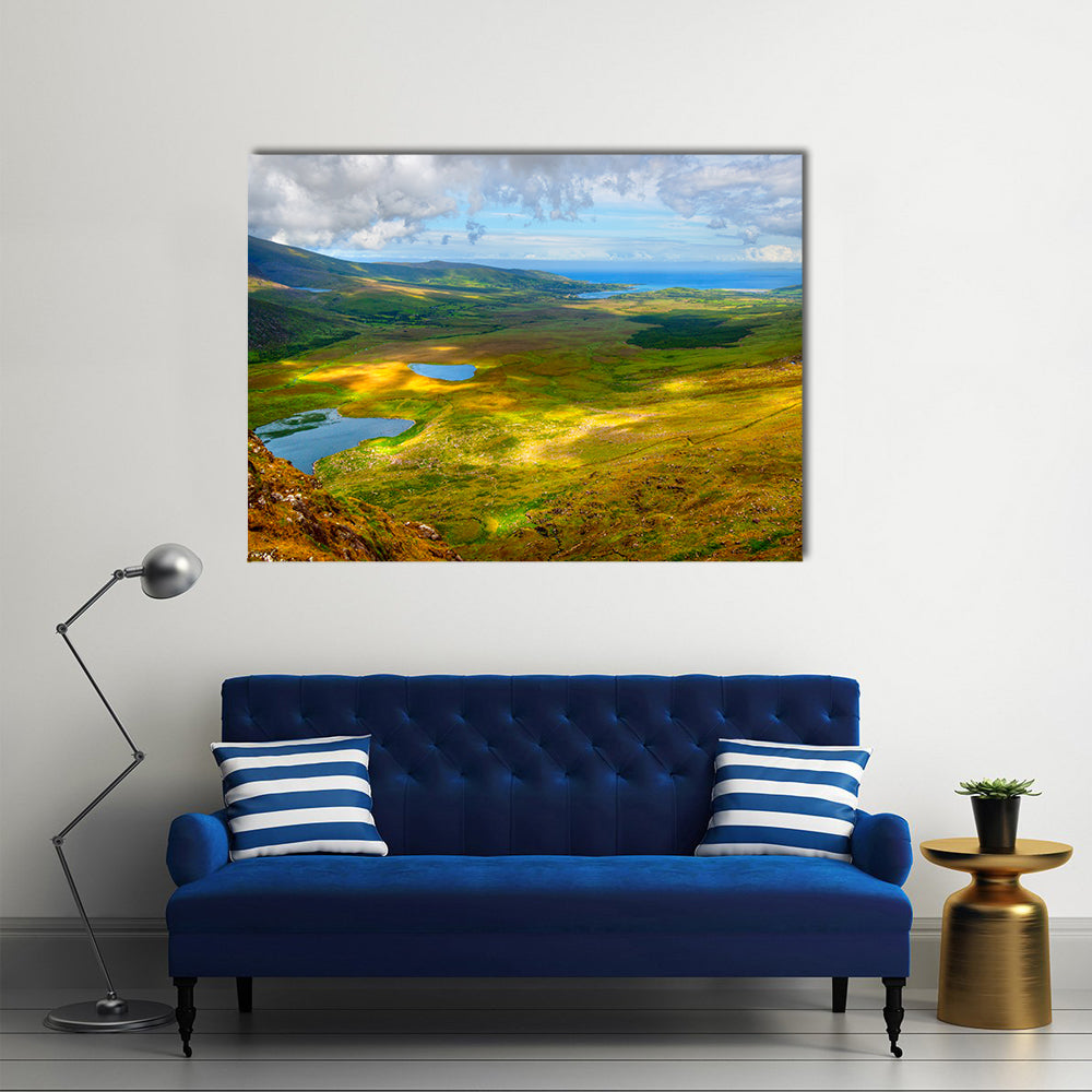 Sunny Mountain and lake landscape on Dingle peninsula, Ireland Multi Panel Canvas Wall Art