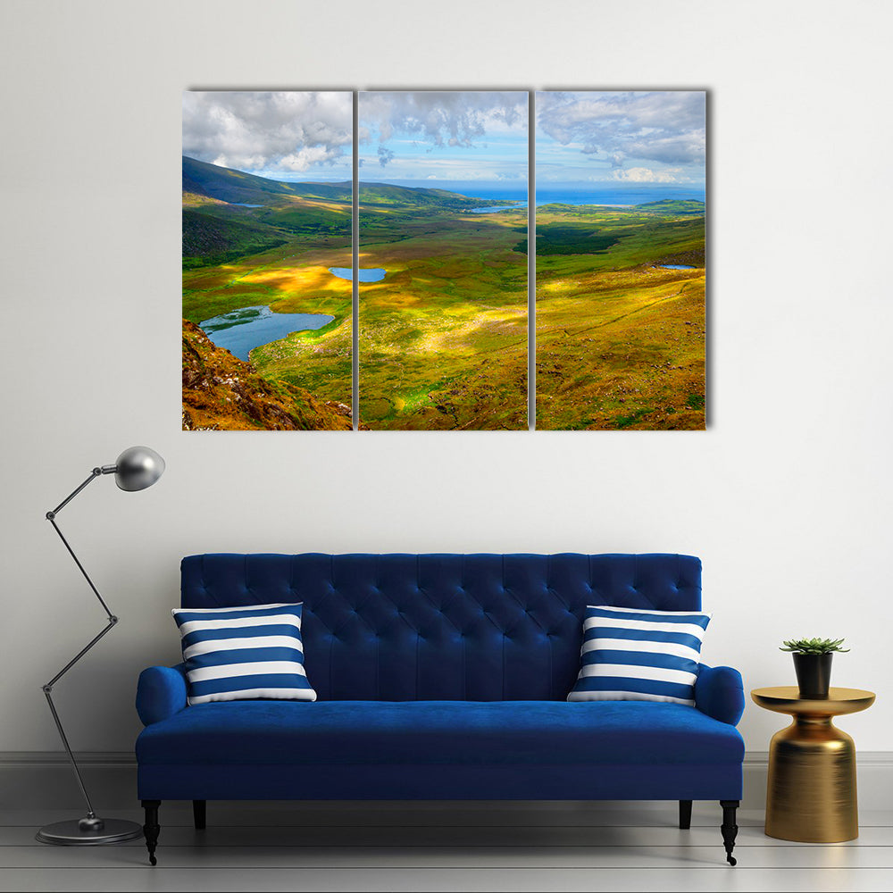 Sunny Mountain and lake landscape on Dingle peninsula, Ireland Multi Panel Canvas Wall Art