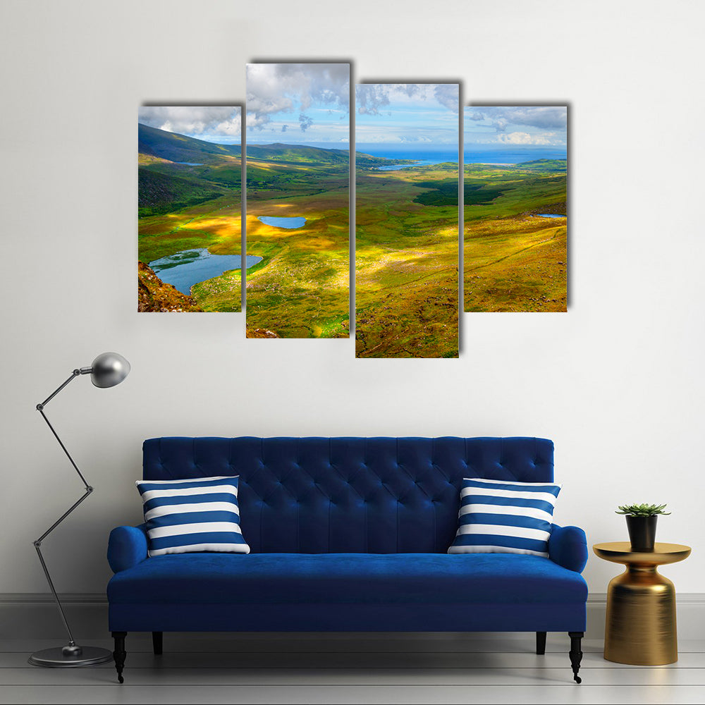 Sunny Mountain and lake landscape on Dingle peninsula, Ireland Multi Panel Canvas Wall Art