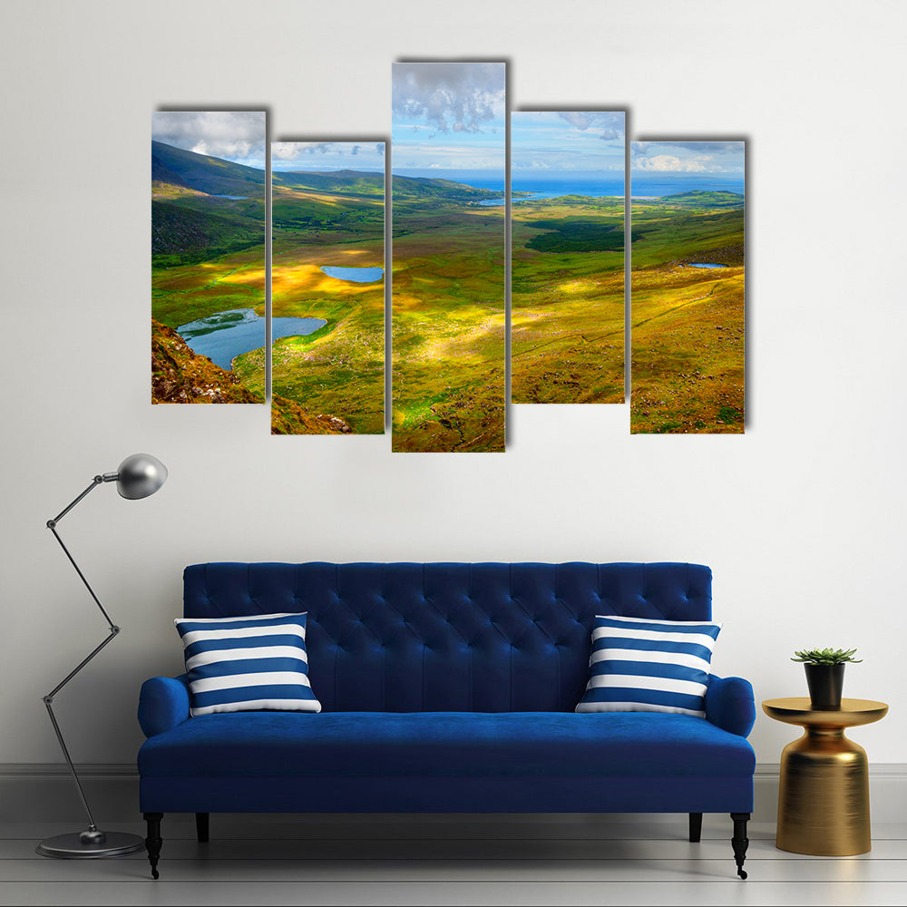 Sunny Mountain and lake landscape on Dingle peninsula, Ireland Multi Panel Canvas Wall Art