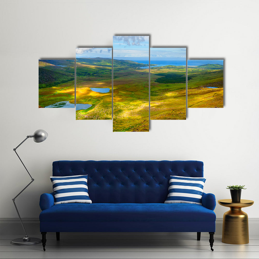 Sunny Mountain and lake landscape on Dingle peninsula, Ireland Multi Panel Canvas Wall Art