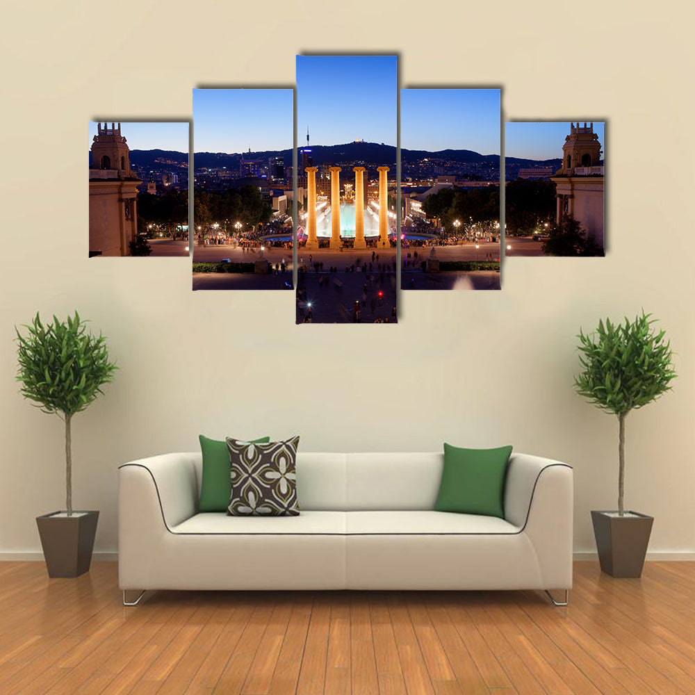 City of Barcelona by night in Catalonia Spain view from Montjuic Multi panel canvas wall art