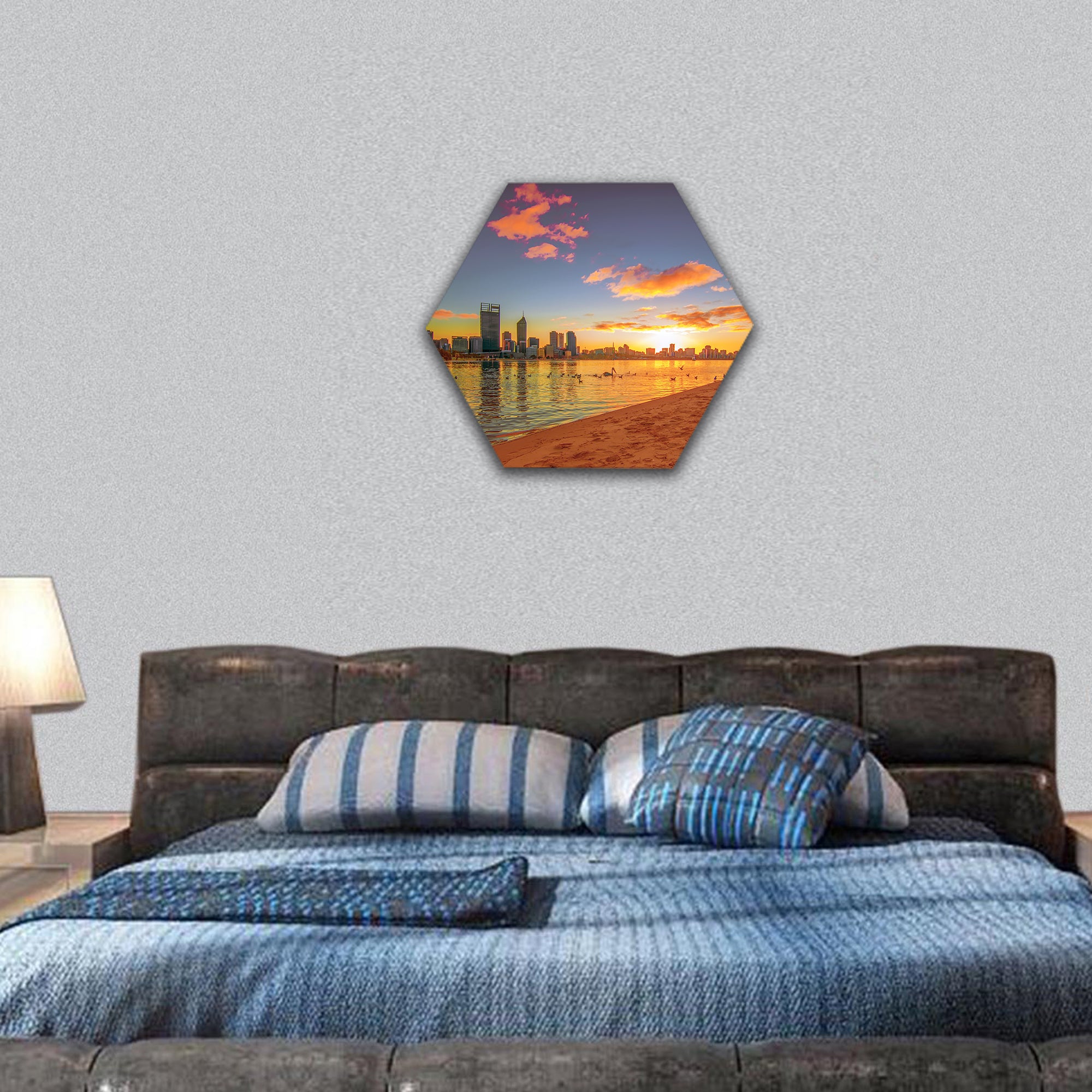 Golden Sunrise View of Perth Skyline hexagonal canvas wall art