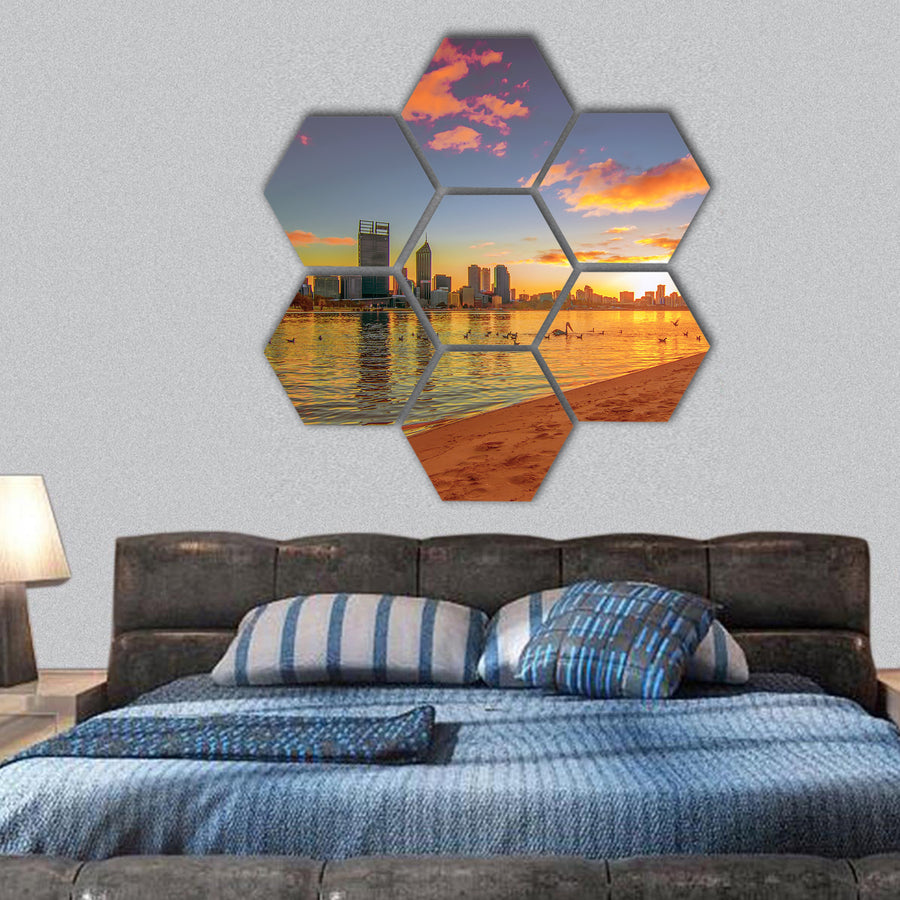 Golden Sunrise View of Perth Skyline hexagonal canvas wall art