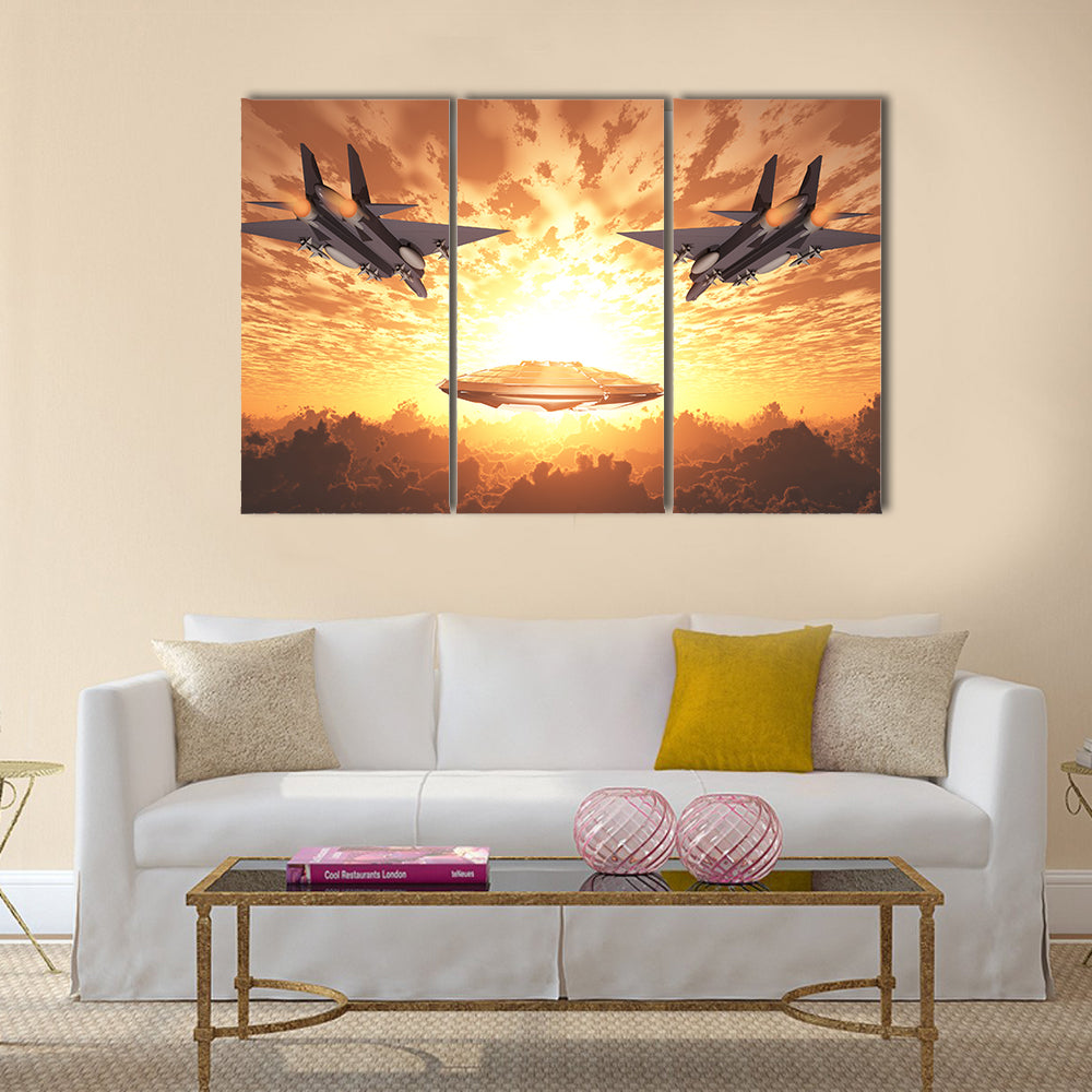 Beautiful Scenery of Military Jets Attacking UFO Multi Panel Canvas Wall Art