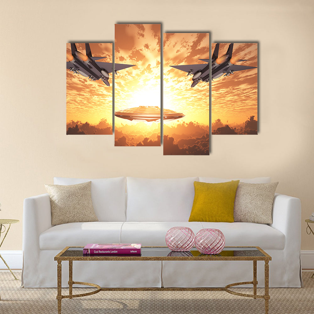 Beautiful Scenery of Military Jets Attacking UFO Multi Panel Canvas Wall Art
