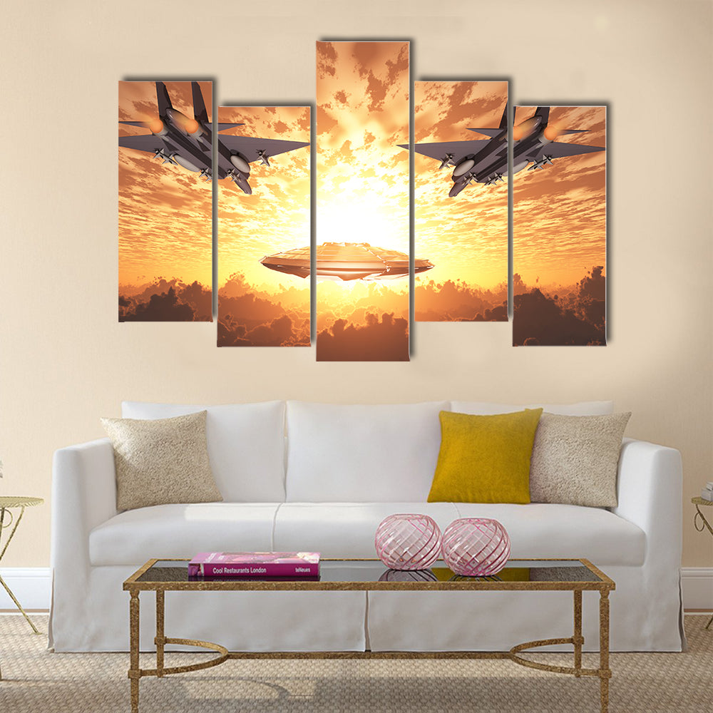 Beautiful Scenery of Military Jets Attacking UFO Multi Panel Canvas Wall Art