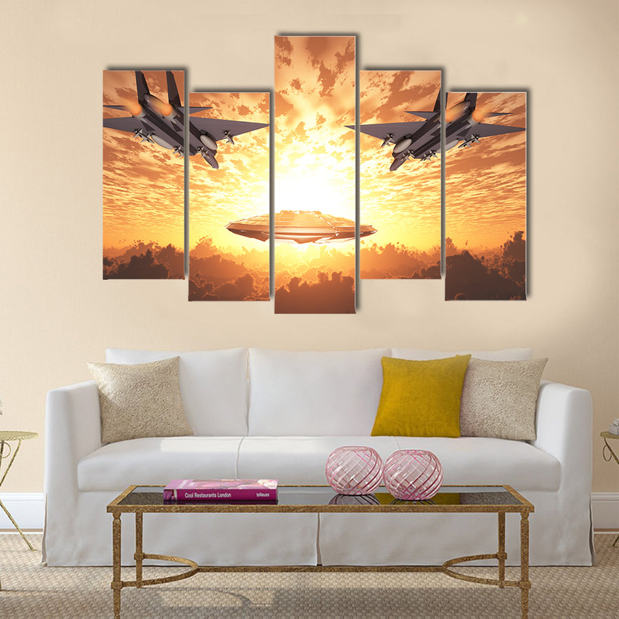 Beautiful Scenery of Military Jets Attacking UFO Multi Panel Canvas Wall Art