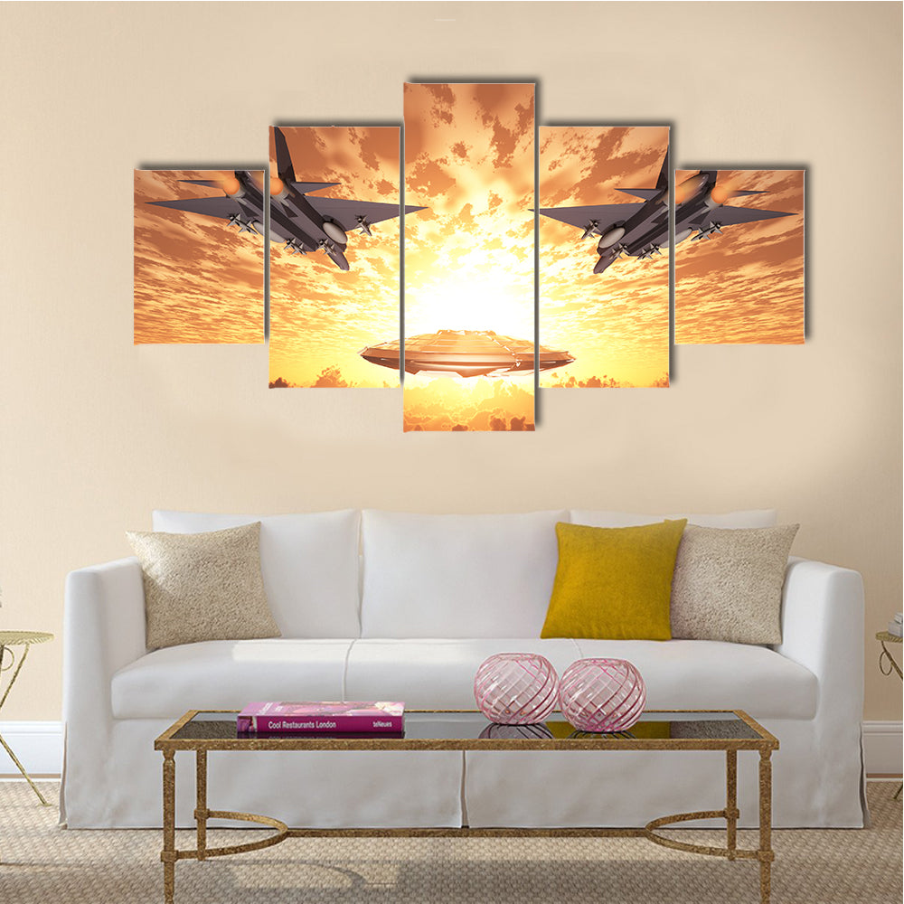 Beautiful Scenery of Military Jets Attacking UFO Multi Panel Canvas Wall Art