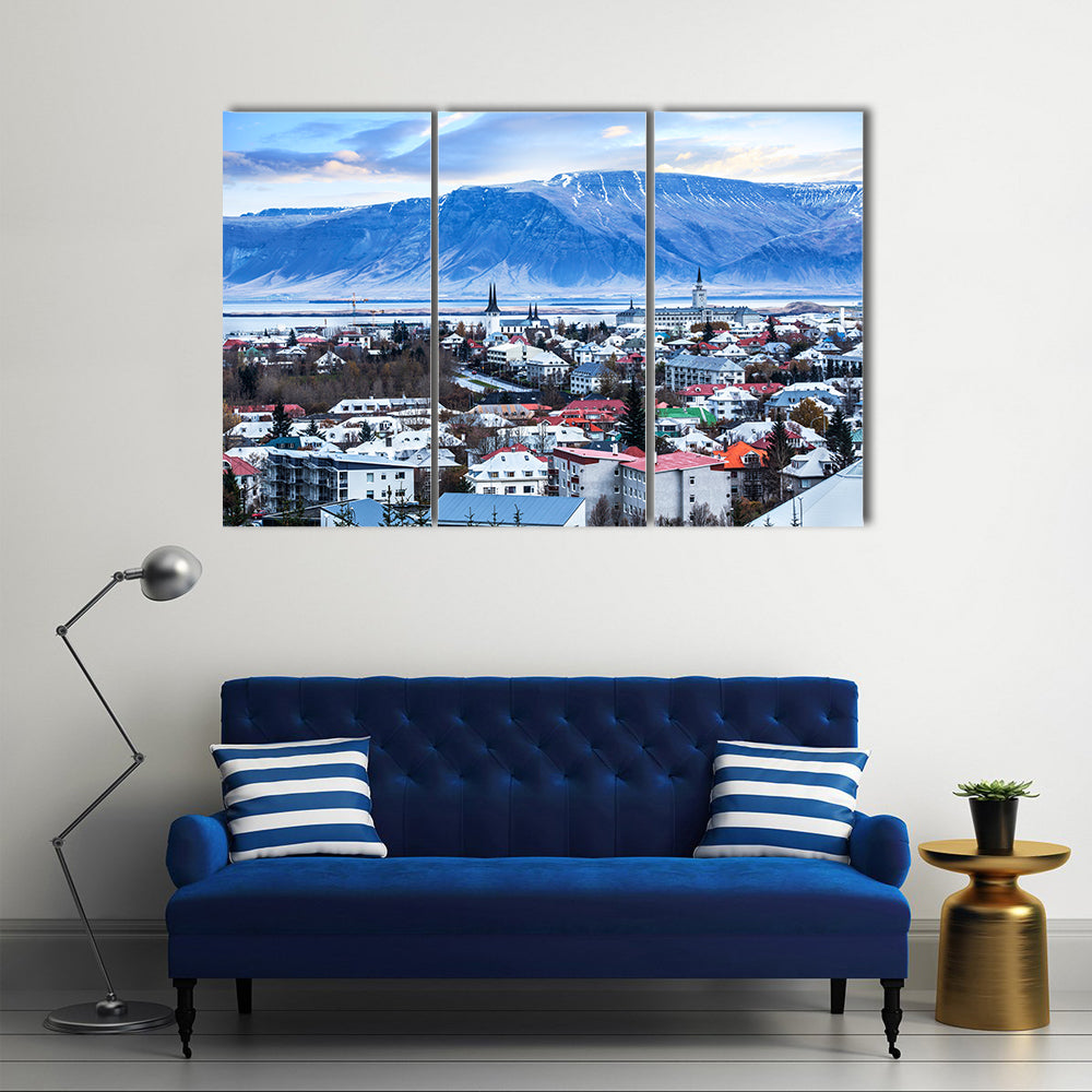 Beautiful aerial view of Reykjavik city, Iceland Multi Panel Canvas Wall Art