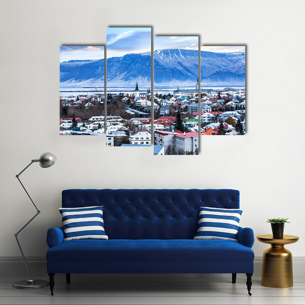 Beautiful aerial view of Reykjavik city, Iceland Multi Panel Canvas Wall Art