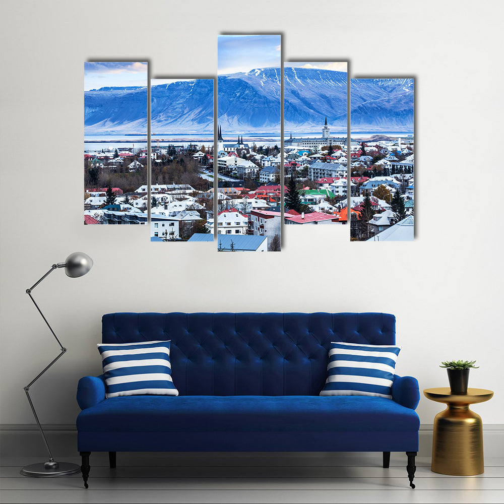 Beautiful aerial view of Reykjavik city, Iceland Multi Panel Canvas Wall Art