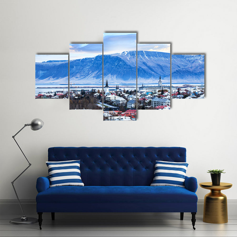 Beautiful aerial view of Reykjavik city, Iceland Multi Panel Canvas Wall Art