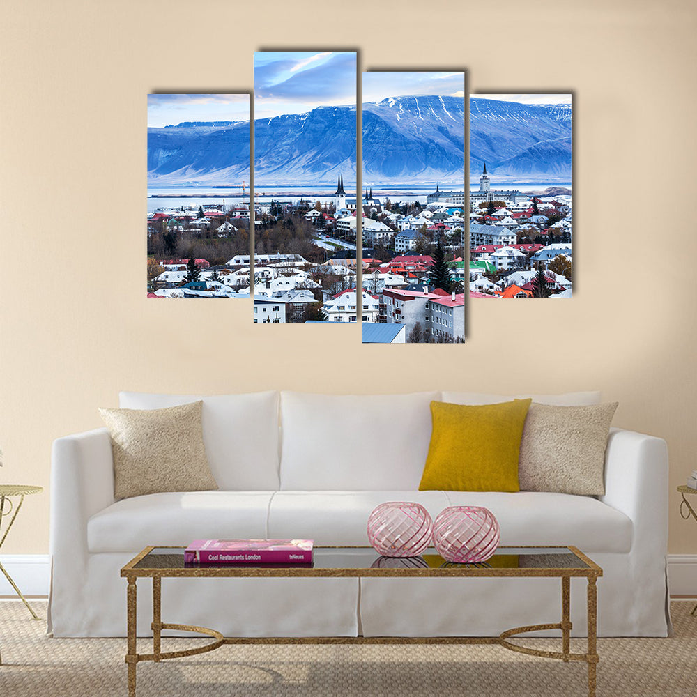 Beautiful aerial view of Reykjavik city, Iceland multi panel canvas wall art