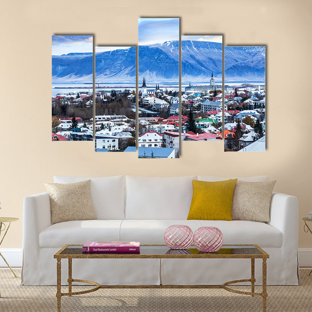 Beautiful aerial view of Reykjavik city, Iceland multi panel canvas wall art
