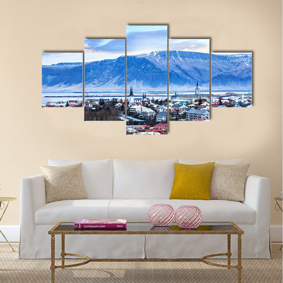 Beautiful aerial view of Reykjavik city, Iceland multi panel canvas wall art