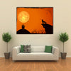 Halloween night background with wolf, castle, Moon, cemetery and bats, illustration multi panel canvas wall art