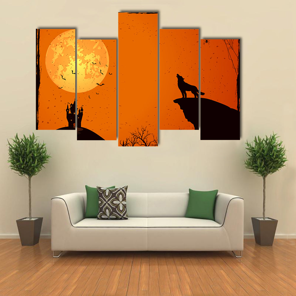 Halloween night background with wolf, castle, Moon, cemetery and bats, illustration multi panel canvas wall art