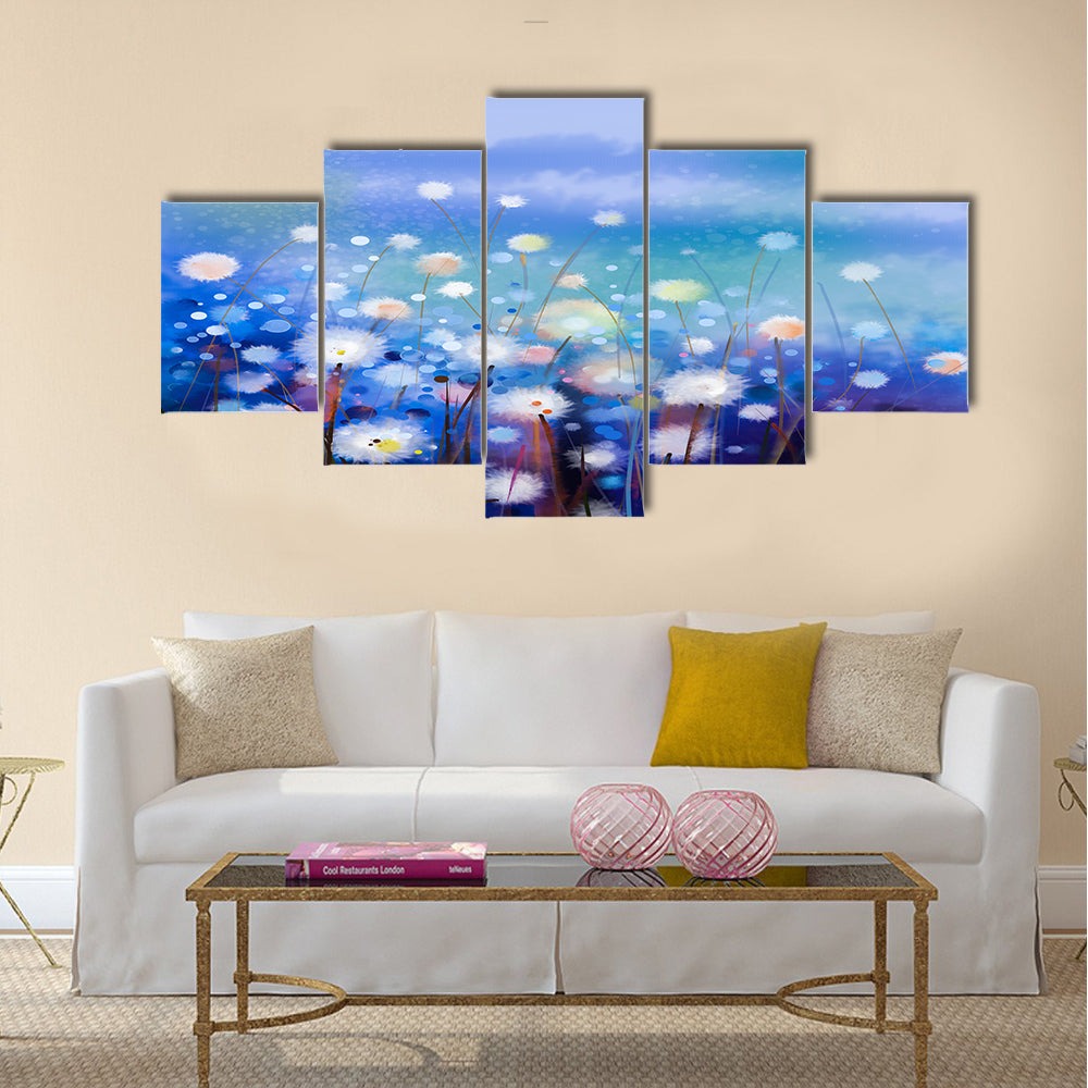 Abstract oil painting white flowers field in soft color Multi panel canvas wall art