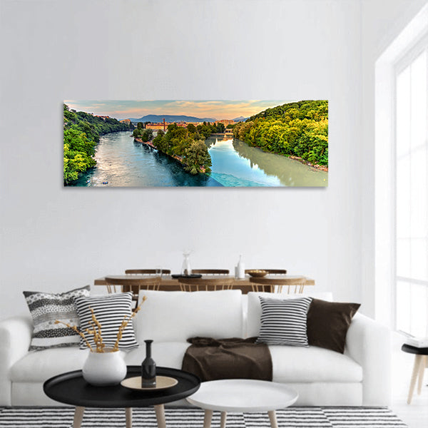 Rhone Arve river confluence by sunset, Geneva, Switzerland Panoramic Canvas Wall Art