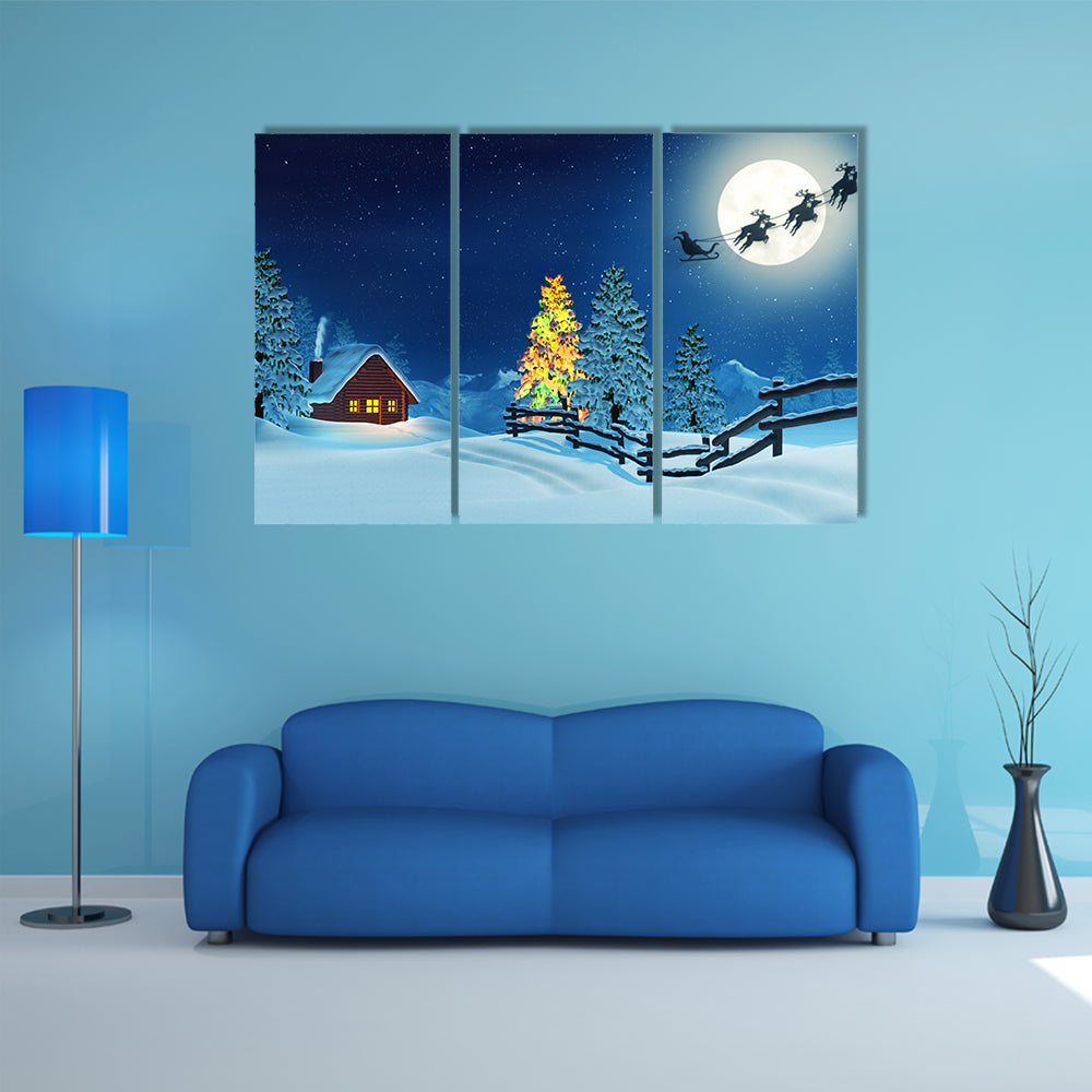 A cabin in a moonlit snowy Christmas landscape at night Multi Panel Canvas Wall Art