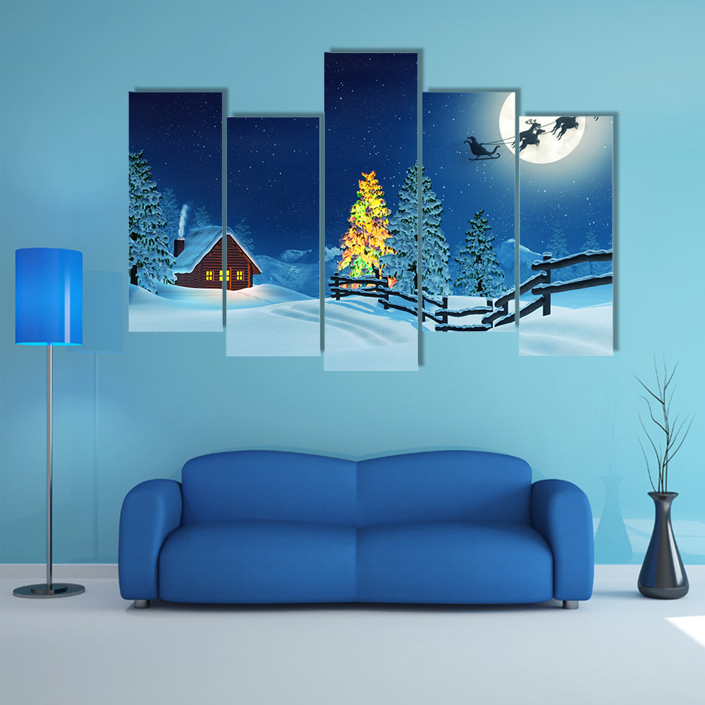 A cabin in a moonlit snowy Christmas landscape at night Multi Panel Canvas Wall Art