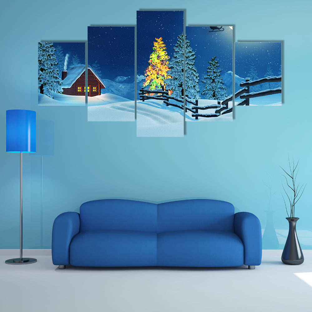 A cabin in a moonlit snowy Christmas landscape at night Multi Panel Canvas Wall Art