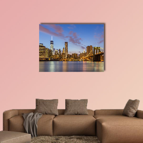 Brooklyn Bridge and downtown New York City at night multi panel canvas wall art