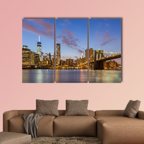 Brooklyn Bridge and downtown New York City at night multi panel canvas wall art