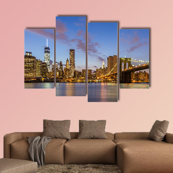 Brooklyn Bridge and downtown New York City at night multi panel canvas wall art