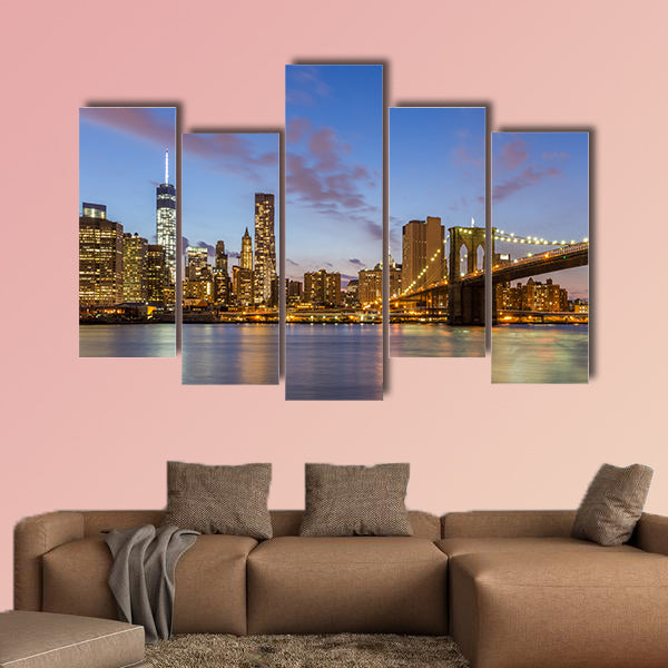 Brooklyn Bridge and downtown New York City at night multi panel canvas wall art