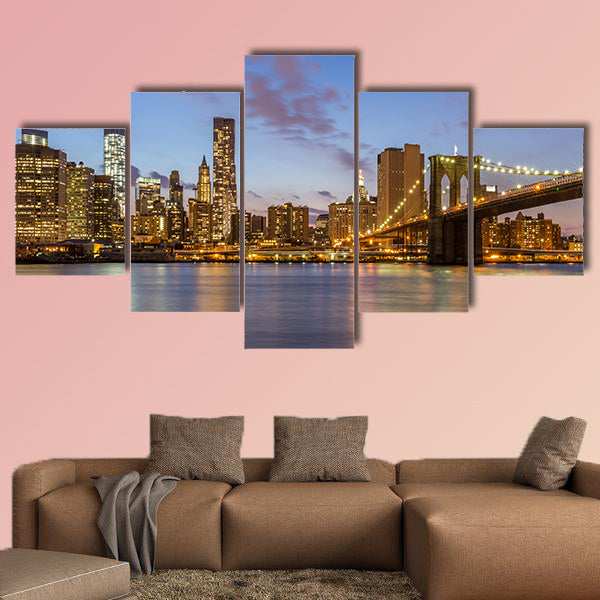 Brooklyn Bridge and downtown New York City at night multi panel canvas wall art