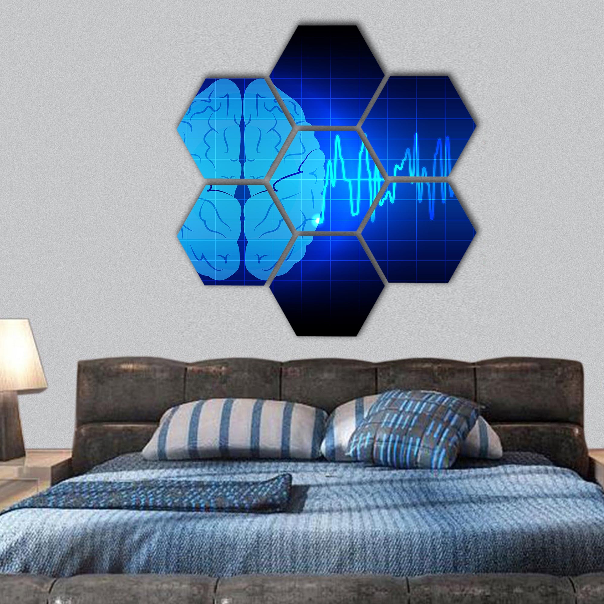 brain wave concept on blue background technology hexagonal canvas wall art