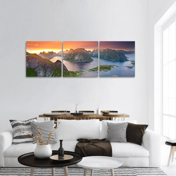 Reinebringen at Lofoten Islands, in Norway during sunset Panoramic Canvas Wall Art