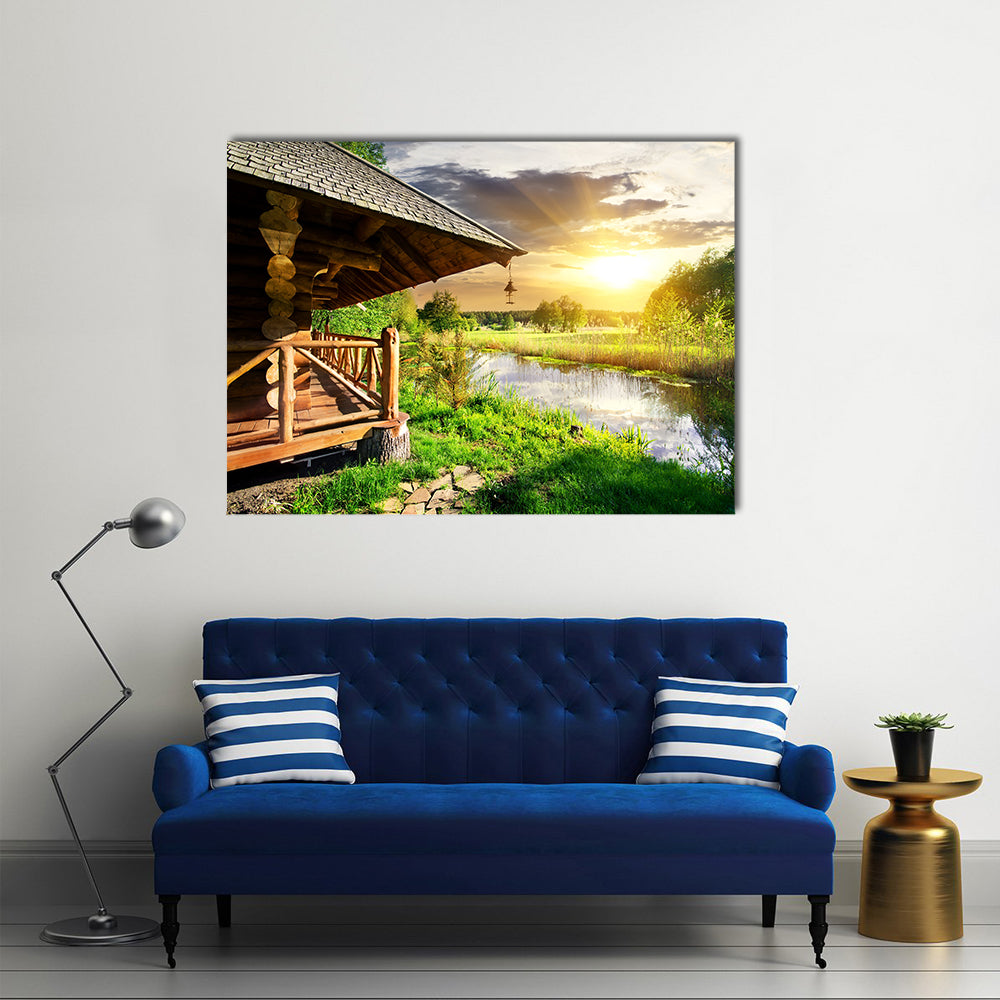 Wooden Bathhouse Near Lake at the Sunset Multi Panel Canvas Wall Art