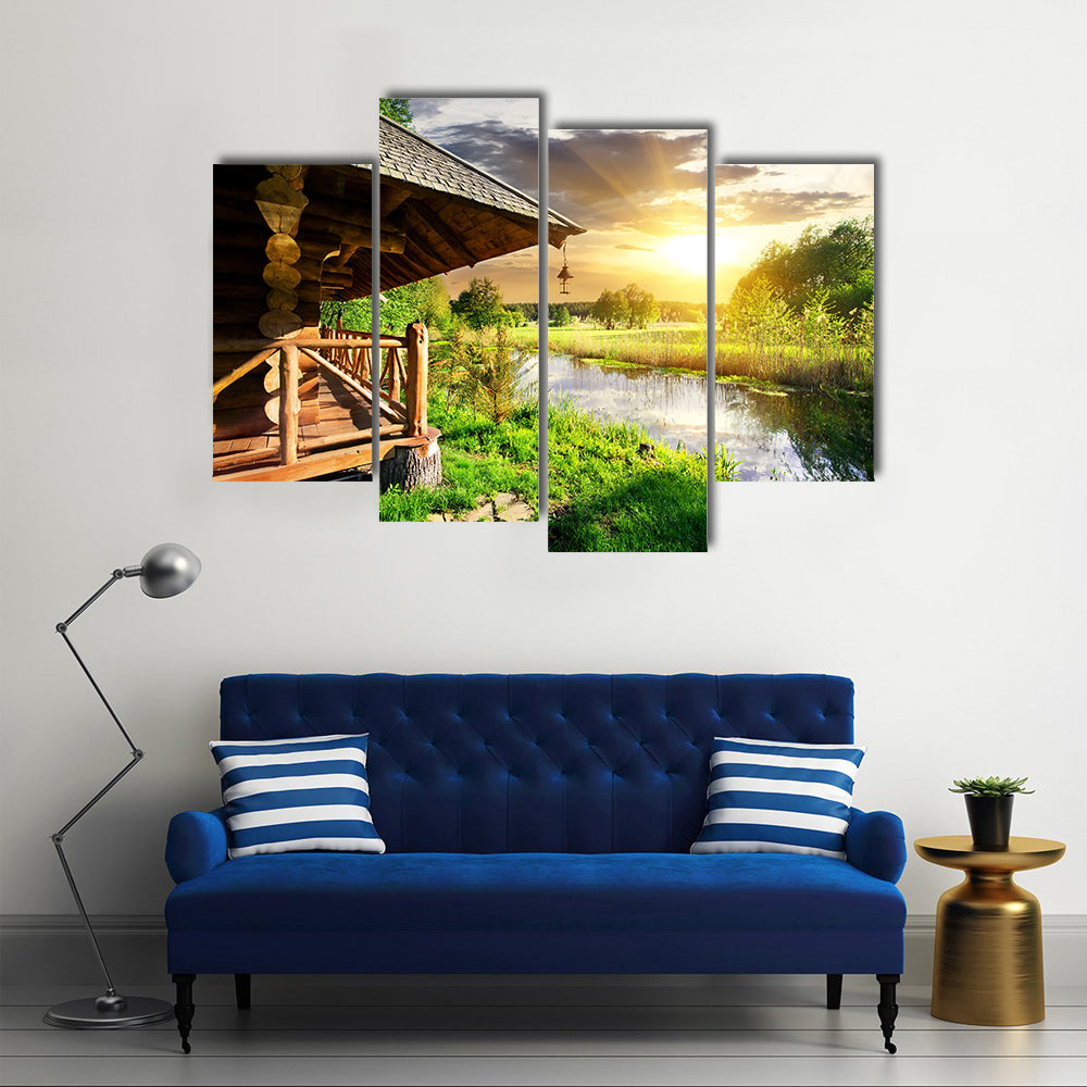Wooden Bathhouse Near Lake at the Sunset Multi Panel Canvas Wall Art