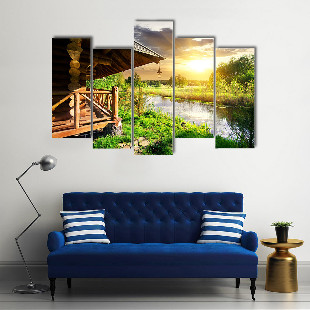 Wooden Bathhouse Near Lake at the Sunset Multi Panel Canvas Wall Art