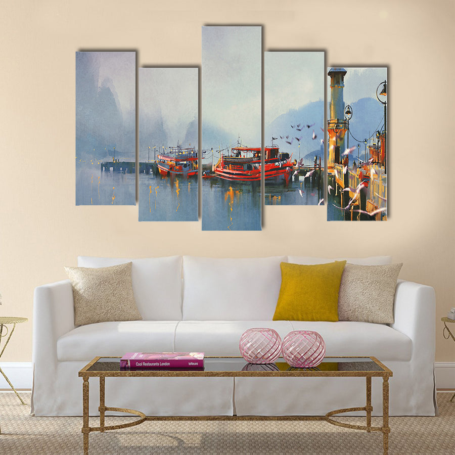 Fishing boat in harbor at morning,watercolor painting style Multi Panel Canvas Wall Art