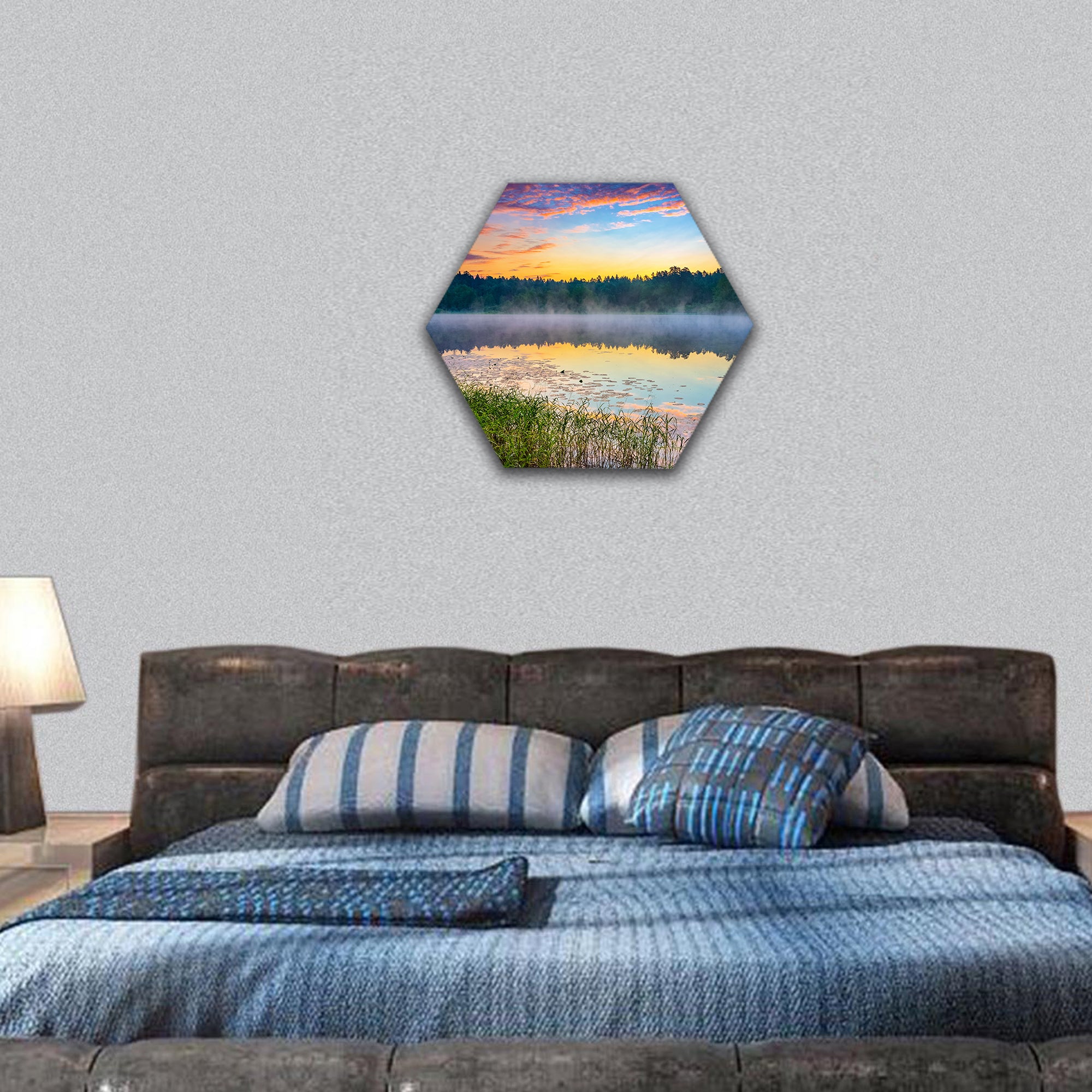 Foggy sunrise over forest lake hexagonal canvas wall art