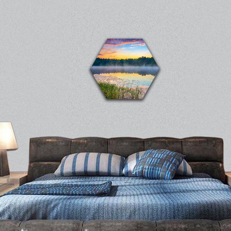 Foggy sunrise over forest lake hexagonal canvas wall art