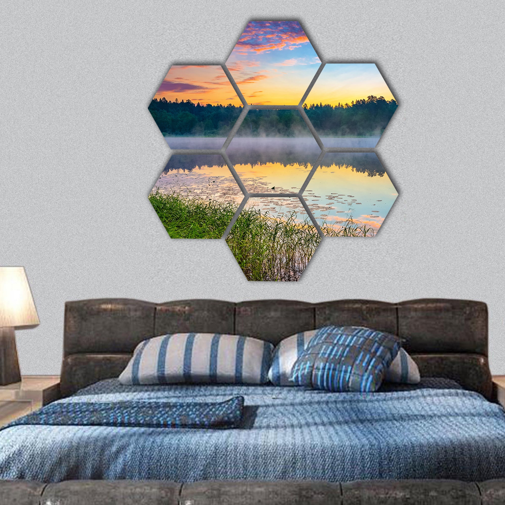 Foggy sunrise over forest lake hexagonal canvas wall art