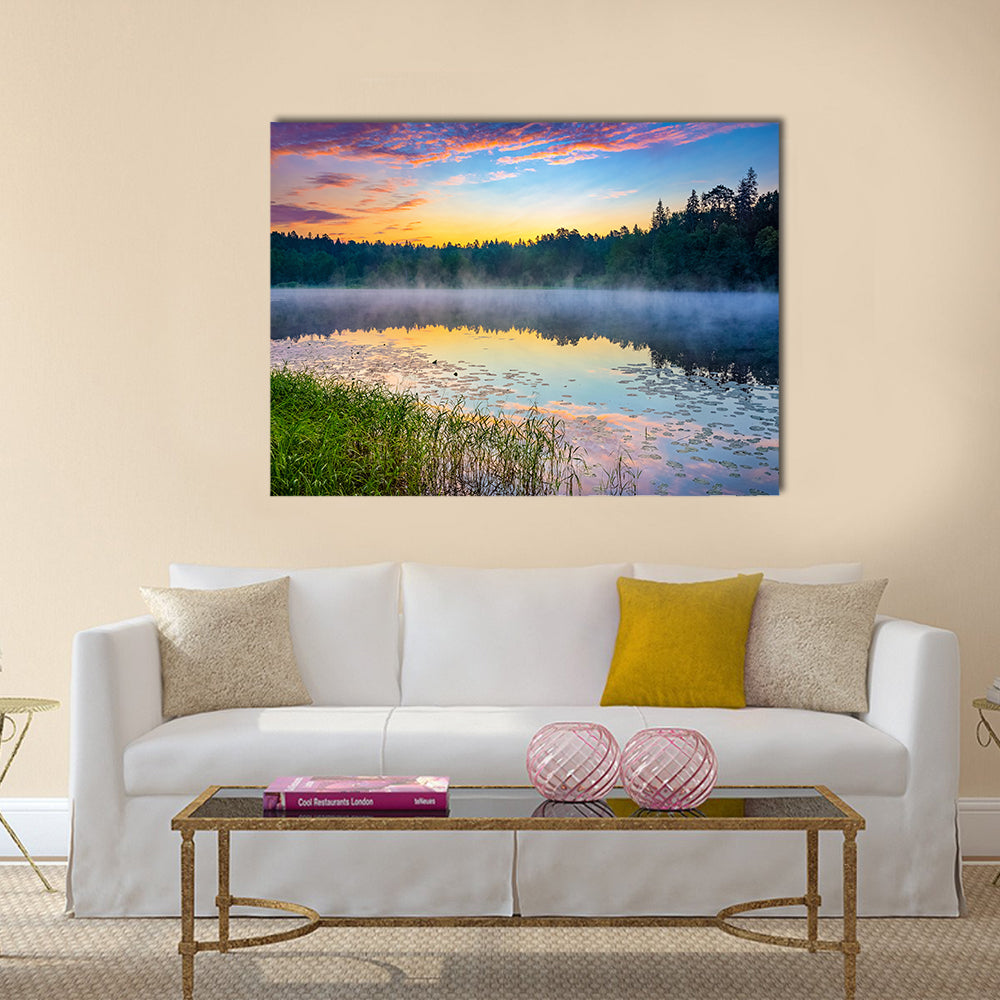 Foggy sunrise over forest lake multi panel canvas wall art