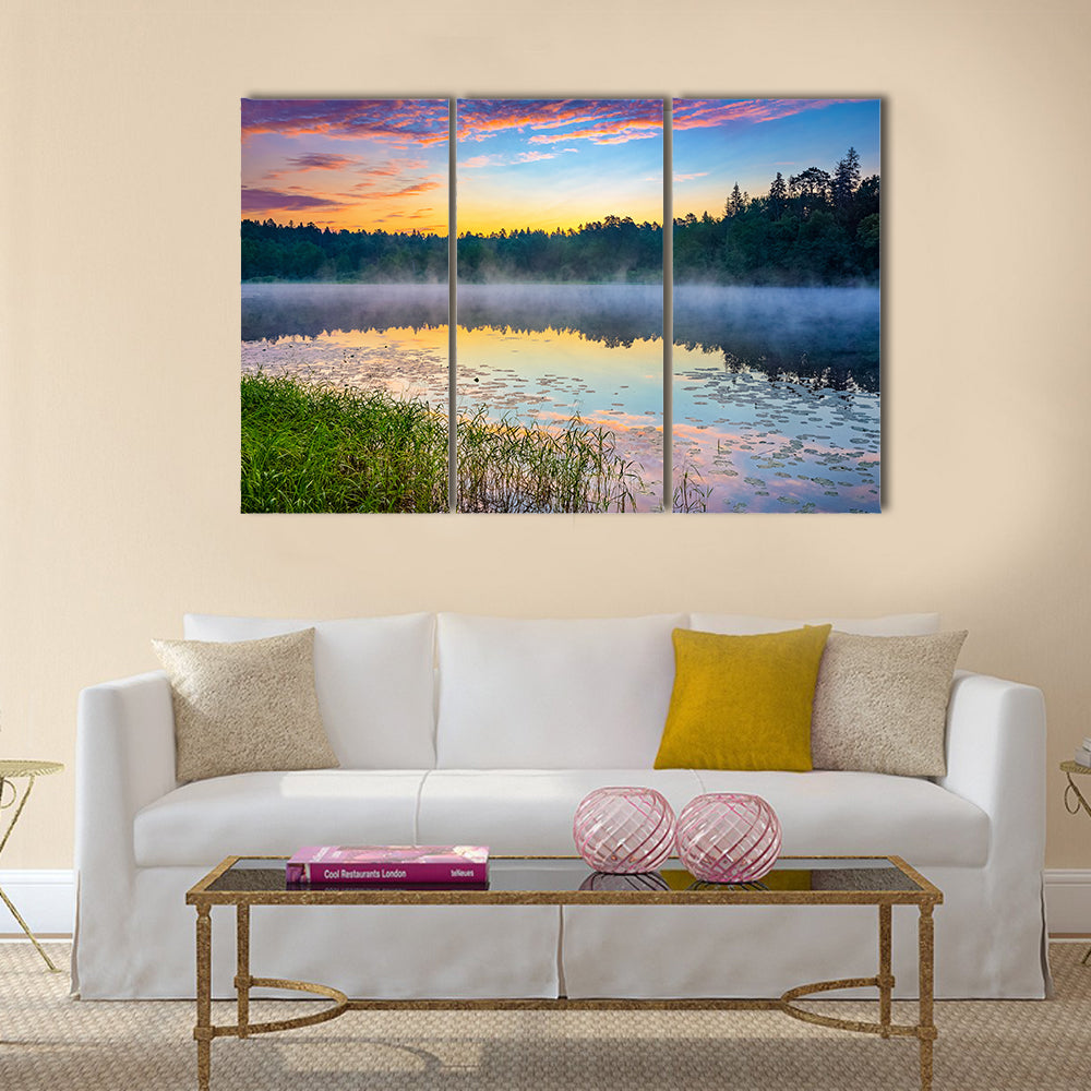 Foggy sunrise over forest lake multi panel canvas wall art