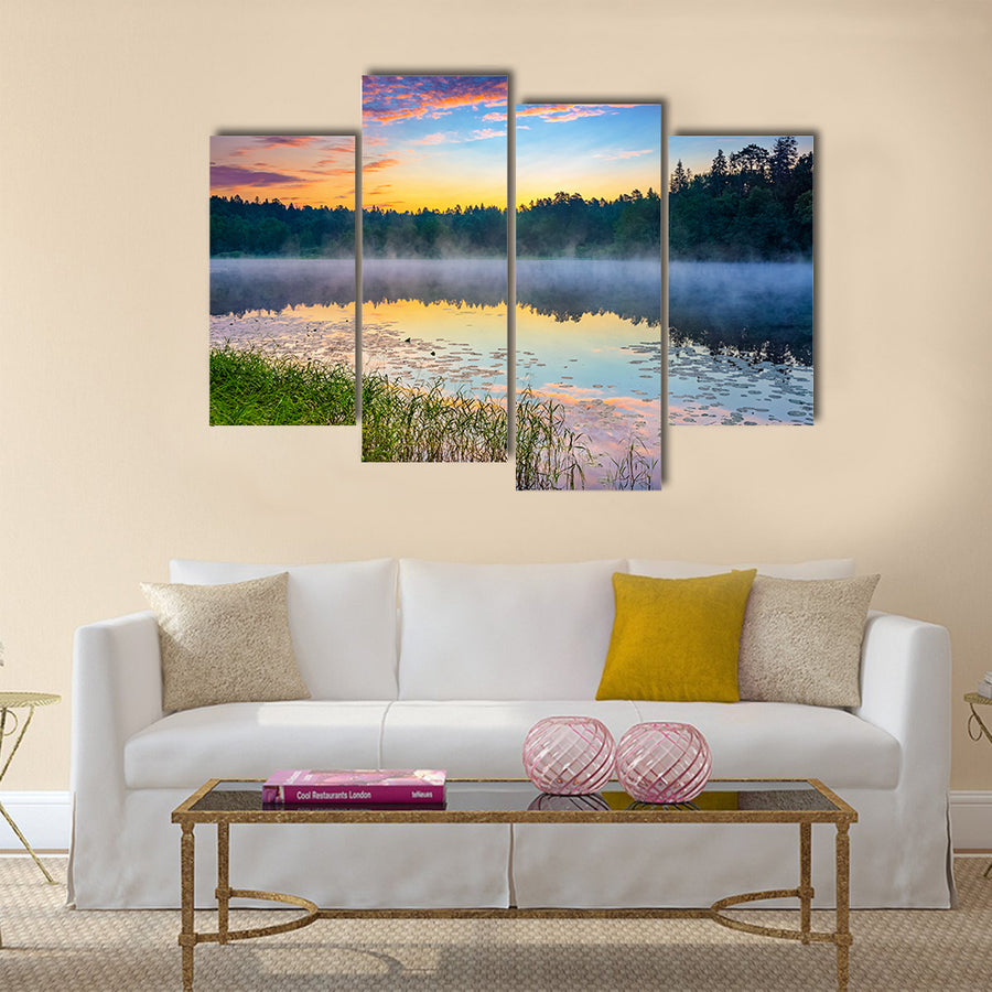 Foggy sunrise over forest lake multi panel canvas wall art