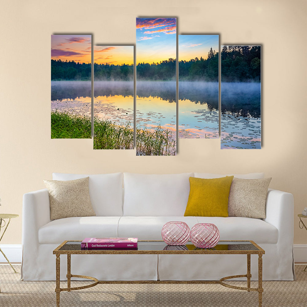 Foggy sunrise over forest lake multi panel canvas wall art
