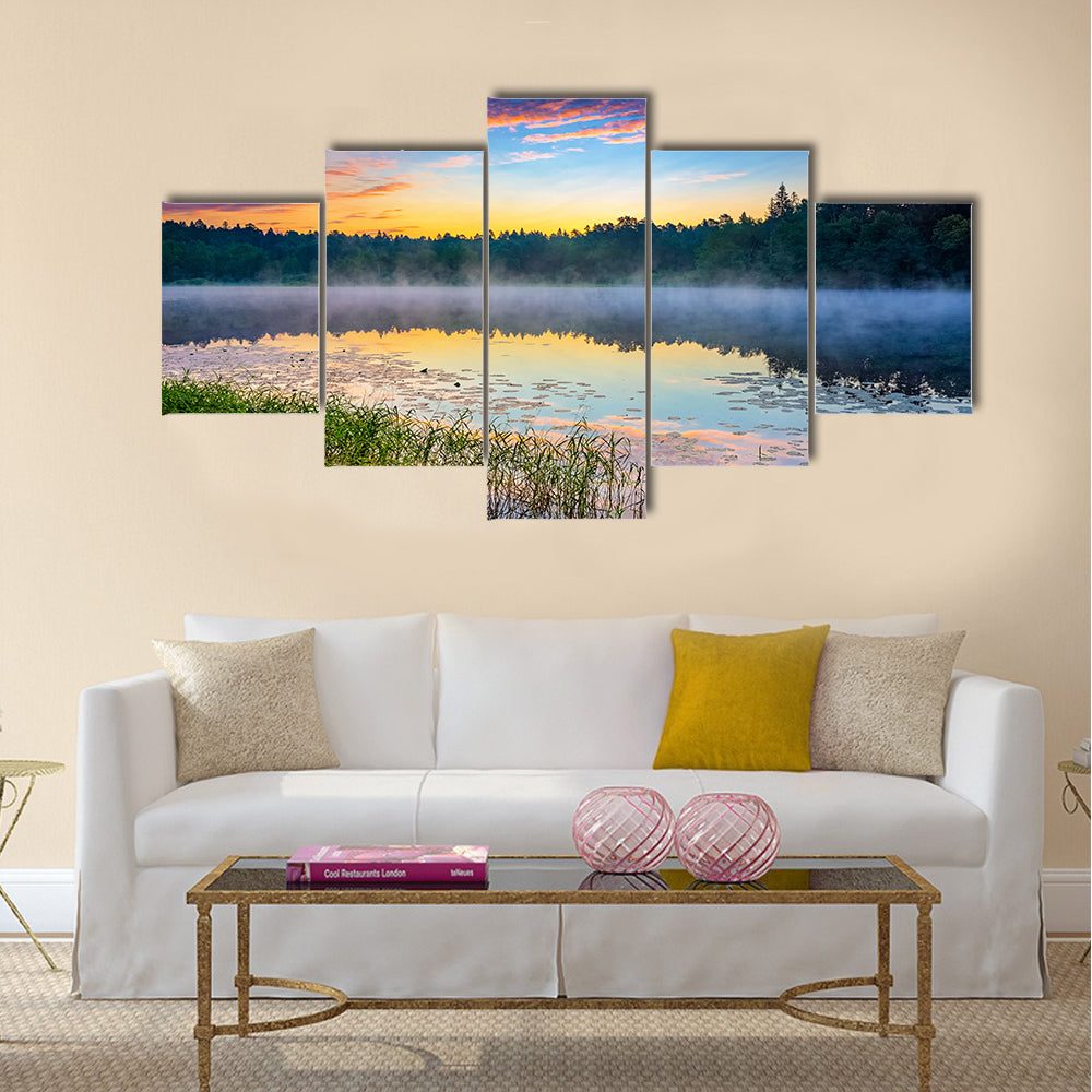 Foggy sunrise over forest lake multi panel canvas wall art