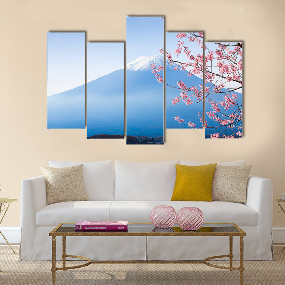 Mt. fuji and cherry blossom at lake kawaguchiko multi panel canvas wall art